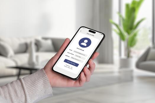 Smartphone interface displaying GDPR Export my data option with masked personal information and data format details, symbolizing transparency and control photo