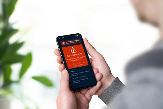 Smartphone displaying red GDPR security alert about data breach with report link to DPO, representing data incident notification and transparency photo