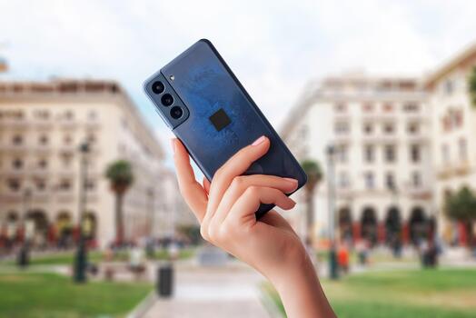 Female hand holding smartphone with visible electronic chip and circuit design, representing mobile technology, communication, innovation, and digital device engineering concept photo