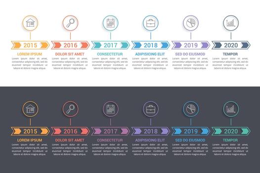 Timeline infographics with arrows with 6 steps, two templates vector