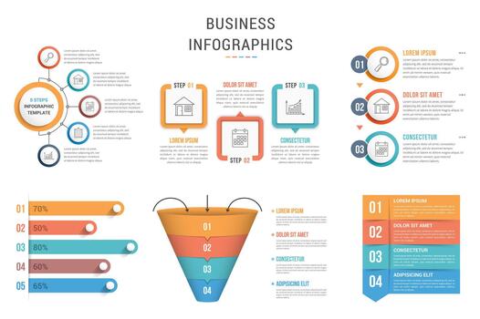 Six infographic templates for web, business, presentations - steps, options, funnel diagram, bar graph vector