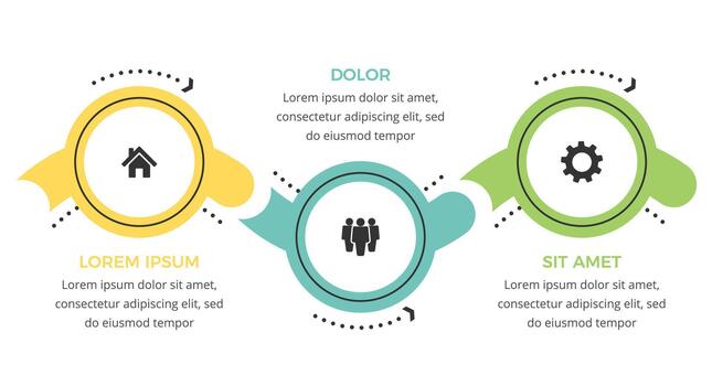 Three connected circles with icons and place for text, flat business infographic template vector