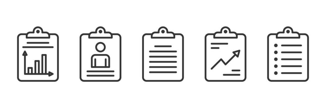 Set of report line icons, clipboard with charts, person symbol, check list vector