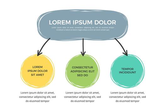 Doodle flowchart template with three elements, hand drawn infographics vector