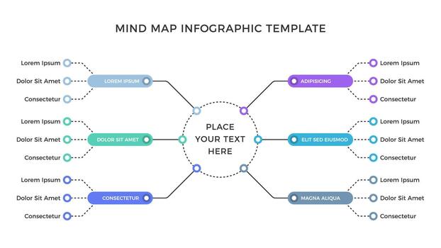Mind map infographic template with six branches vector
