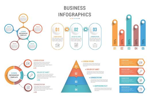 Six infographic templates for web, business, presentations - process charts, circle diagrams, pyramid, bar graph vector