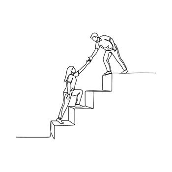 continuous one line drawing of a person helping another climb stairs, symbolizing support and teamwork vector