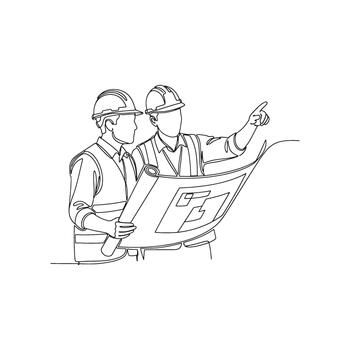 continuous line drawing of two construction engineers examining blueprint and pointing vector