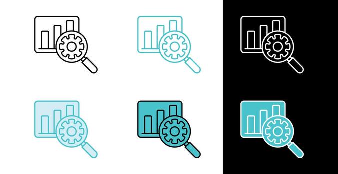 Chart and magnifying glass with gear icon for data analysis and optimization in line and fill style vector