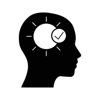 Silhouette of Head with Brain Idea Lightbulb and Checkmark Icon for Successful Thinking and Productivity vector