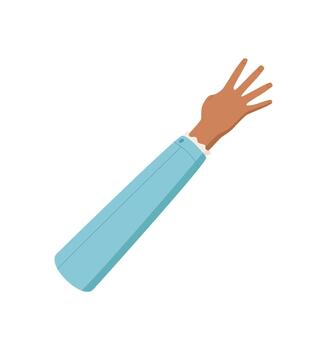 Flat hand gesture with four fingers up. Palm with sleeve expressing number four in black skin tone. Hand gesture for counting or math education, isolated regular style. vector
