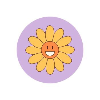 Groovy retro flat style flower sticker in a yellow and orange circle with cute happy smiley face. Fun y2k inspired package seal and lid, perfect for playful label or product design. vector