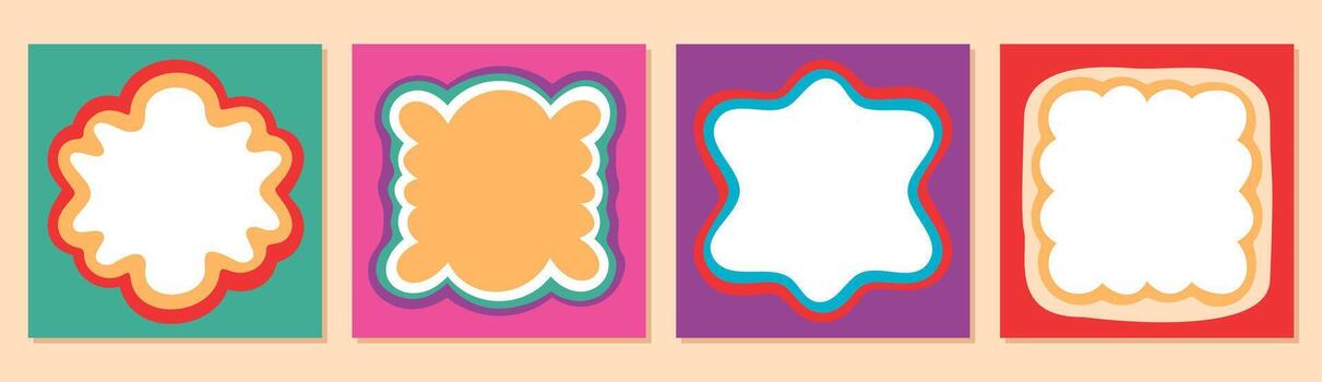 Groovy retro wavy rectangle frame set with colorful border and cartoon outline. Abstract shape design, y2k graphic with creative background, artistic outline for trendy projects and playful vector