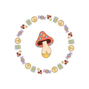 Groovy psychedelic mushroom circle border doodle in colorful retro trippy style pattern. Hippie motif and retro vibe for playful contemporary abstract art project or vintage creative vector