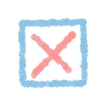 Hand drawn check box icon with a crayon cross in a blue pastel square. Child mark symbol adds playful element, ideal for creative checkbox or child theme design concepts. vector