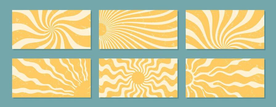 Groovy retro sun ray burst backgrounds with yellow and orange swirl and wavy shapes set. Grungy y2k style set creates bold sunshine graphic, horizontal format ideal for vibrant trendy design vector