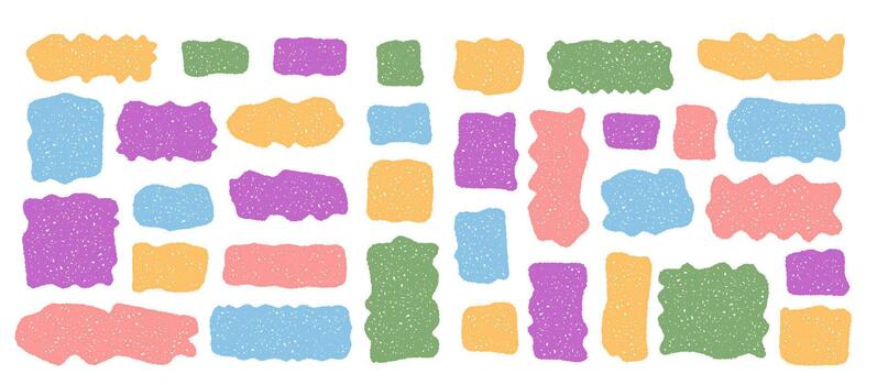 Set of organic squiggle shape frames in playful crayon sketch style. Each colorful rectangle, box, and bubble frame creates a vibrant text background or abstract banner for creative note or vector