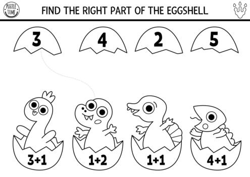 Black and white counting and matching game with baby dinosaurs in eggs and shells. Dino math addition activity for preschool kids. Prehistoric line printable counting worksheet with T-rex, brachiosaur vector