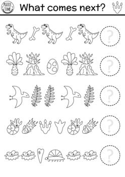 qué viene próximo. dinosaurio negro y blanco lógico actividad para niños con tirano saurio Rex, huevo, volcán, pterosaurio, meteorito. prehistórico línea lógica sucesión hoja de cálculo. dino Seguir el fila juego vector