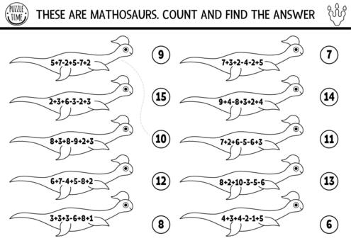 Black and white counting and matching game with cute long plesiosaurs. Dinosaur line math addition and subtraction activity for kids. Prehistoric dino printable counting worksheet, coloring page vector
