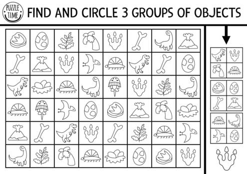 Dinosaur black and white seek and find game with traditional symbols. Attention skills line puzzle with T-rex, nest, bone. Prehistoric printable activity. Dino searching puzzle. Find groups of object vector