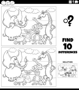 differences activity game with cartoon wild animals coloring page vector