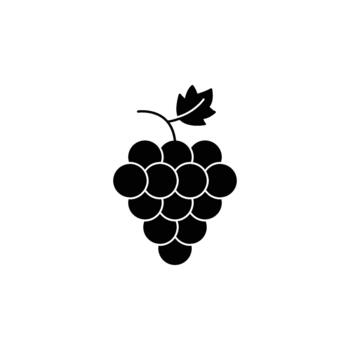 Simple black icon of a bunch of grapes with a single leaf on a stem against a white background vector