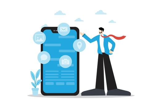 Flat illustration of a man standing in front of a big smartphone screen showing icons for email, location, image, and camera. vector