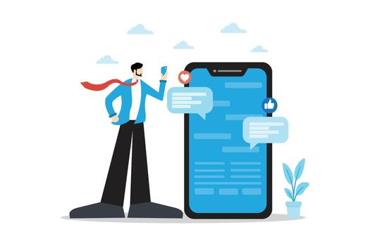 illustration of a man standing beside a large smartphone screen with chat bubbles, like, and heart icons, representing social media interaction, online chatting, and digital connection. Minimal vector