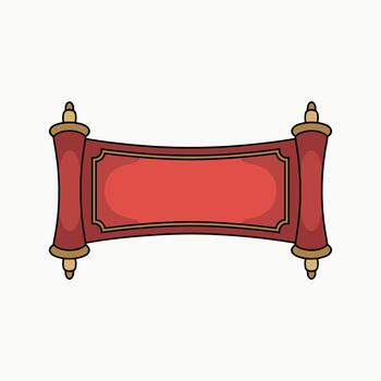 Red scroll with gold trim and decorative finials on white background cartoon style ancient parchment vector