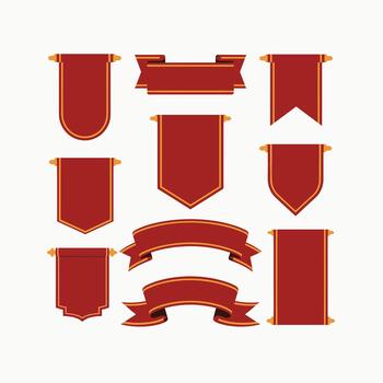Collection of nine red and gold banners and ribbons in various shapes and styles on a white background vector