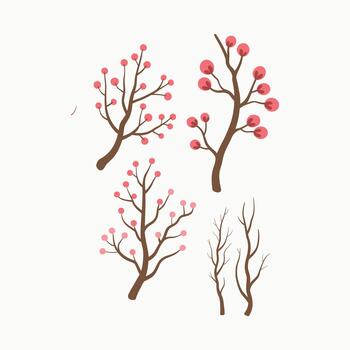 Four simple illustrations of bare tree branches with pink berries or buds on a white background berry vector