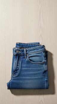 Product mockup of blue jeans attire with a minimal design on a clean background, ideal for advertising, branding display, and commercial presentation photo