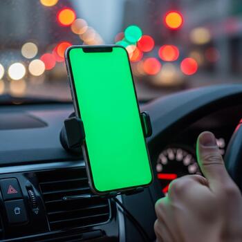 Smartphone with Green Screen in Car Mount for Mockup, UI Display, Advertising, and Mobility Signs photo