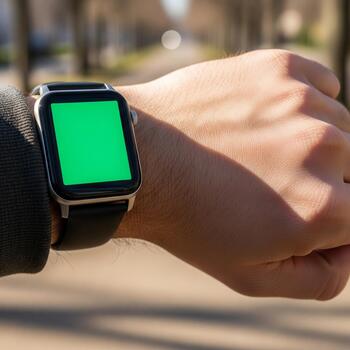 Wrist wearing a smart monitor with a green screen, a Design Template for UI Mockup, ideal for marketing visual signs photo