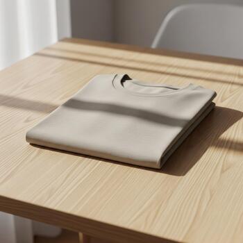 Folded T-shirt on Wooden Table Design Template for Product Preview and Branding Display photo