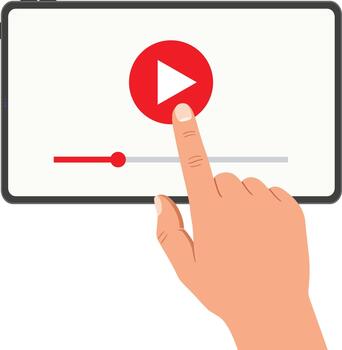 Hand touching play button on tablet screen symbolizing online content and learning illustration vector