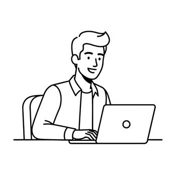 Smiling young man working on laptop computer online learning or remote work concept in sketch style illustration vector