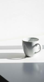 Elegant minimalist design template featuring a simple white coffee cup with shadow, ideal for creative showcase and marketing visuals photo