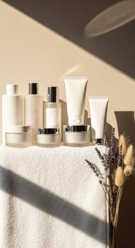 A commercial presentation Product mockup and Branding display with multiple Skincare packaging signs for an advertising template photo