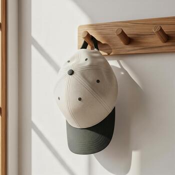 A light-colored cap hangs on a wooden wall, perfect for a branding display. Product Preview photo