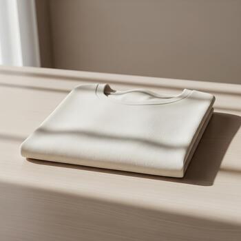 Realistic Render of a Neutral T-Shirt Folded on a Wooden Table - Design Template, Product Preview, and Branding Display photo