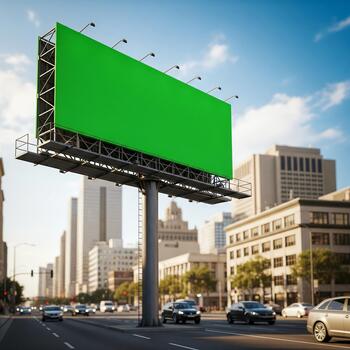 Urban green screen billboard Design Template for Product Preview, Branding Display. Marketing Visual to advertise announcements effectively photo