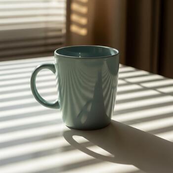 A serene light teal ceramic mug stationary on a white table bathed in striped sunlight, creating an inviting atmosphere for a product preview photo
