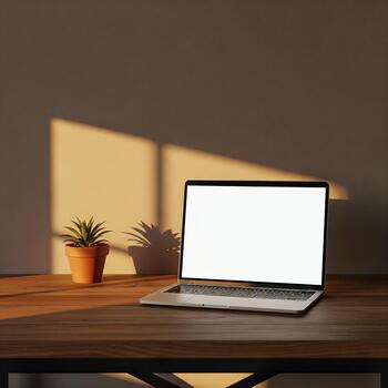 Modern Laptop Product Preview on Wooden Table Design Template, Branding Display, Realistic Render, UI Mockup photo