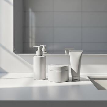 Commercial presentation product mockup with multiple cosmetic bottle options for skincare packaging. An elegant composition advertising template for your branding display and announcement photo