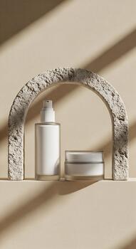 Product mockup for Skincare packaging. Minimal design Branding display with a Cosmetic bottle on a clean background, a Modern aesthetic, Elegant composition, and Creative showcase with Studio lighting photo