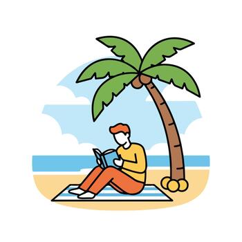Man Reading Under Palm Tree at Tropical Beach, Relaxing Scene vector