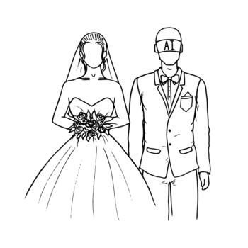 human bride and groom with an AI robot on the display instead of a face - a hand drawn doodle illustration. An AI wedding, a metaphor for the close integration of AI into everyday life. vector