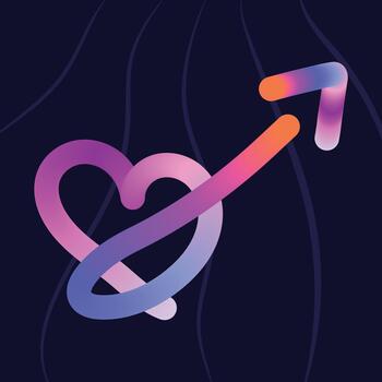 A gradient ribbon forms a heart and arrow on a dark, flowing background vector